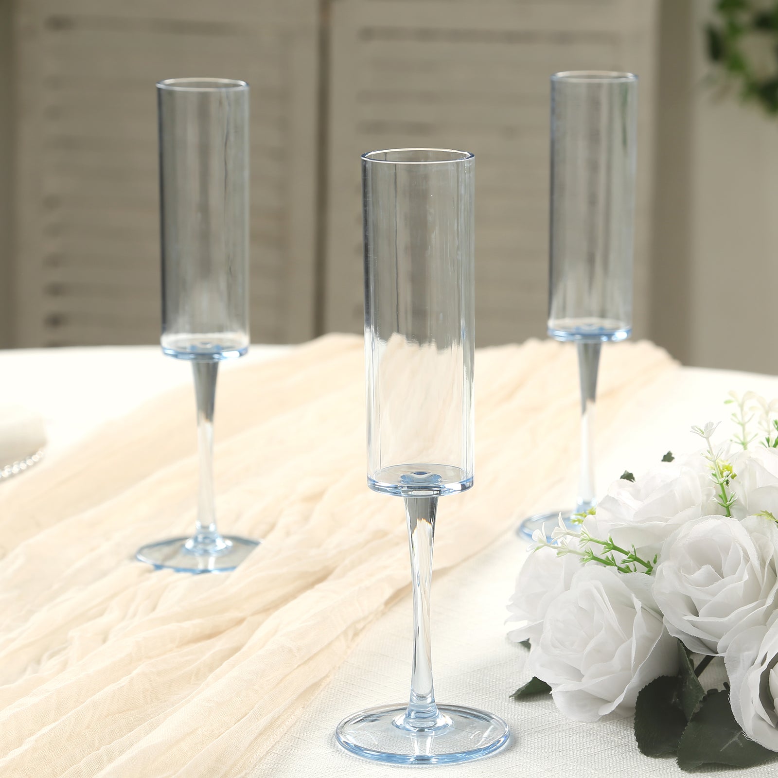 6-Pack Reusable Transparent Dusty Blue Plastic Champagne Flute Glasses, 9.5" Tall, 6oz