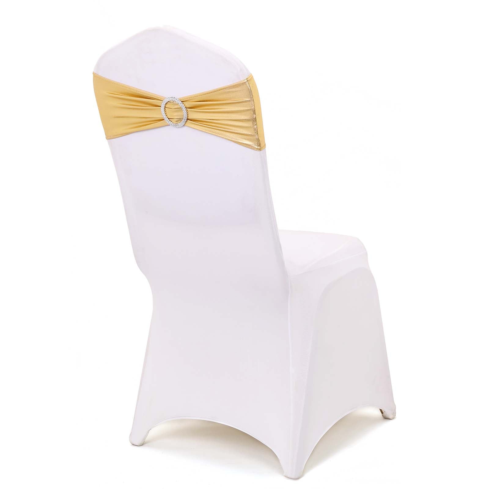 5-Piece Set of Gold Metallic Spandex Chair Sashes with Round Diamond Plastic Buckles for Events