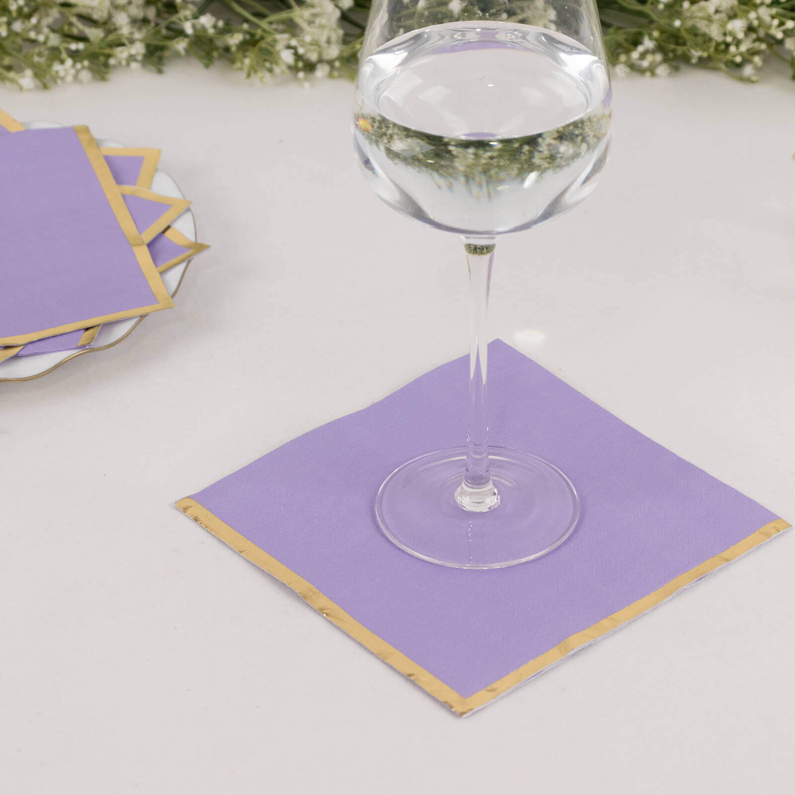 Hot Deal! 50-Pack Disposable 2-Ply Lavender Cocktail Paper Napkins with Gold Foil Edge, 6.5x6.5 for Events