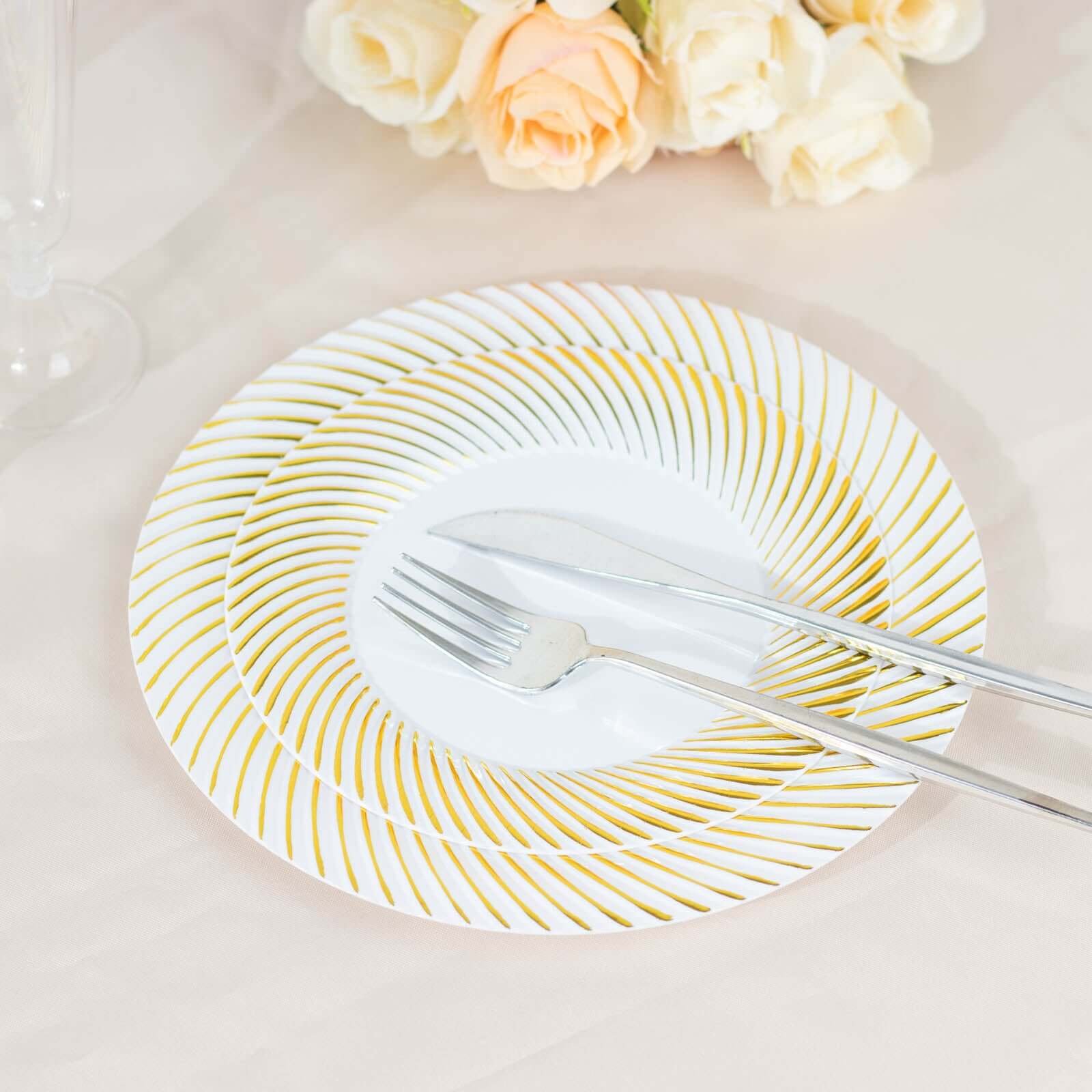 10-Pack Disposable White Plastic Round Dessert Plates with Gold Swirl Rim for Elegant Events