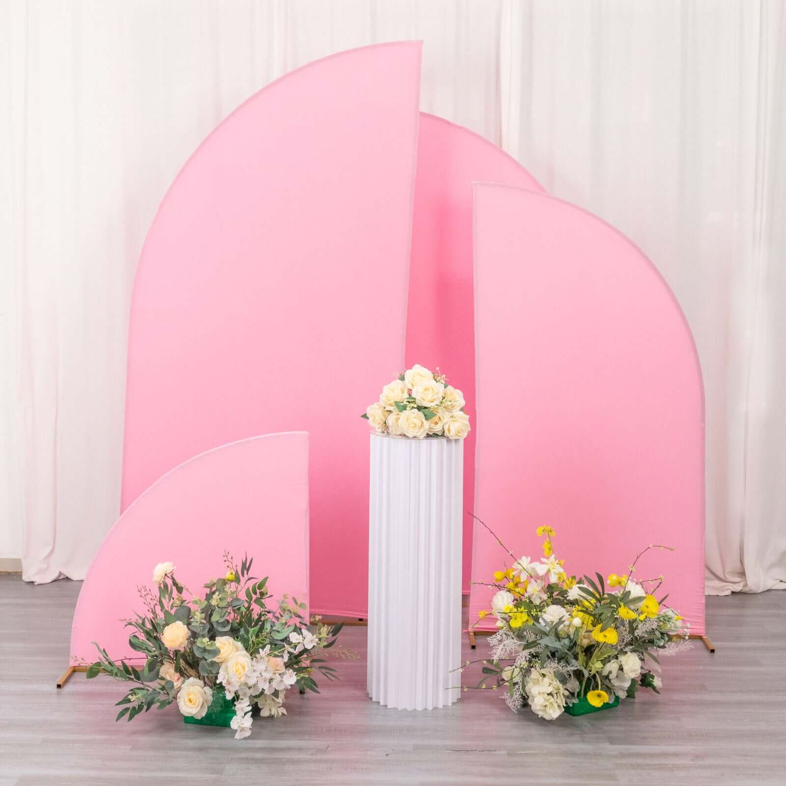 Exclusive Set of 4 Custom-Fitted Matte Pink Spandex Half Moon Wedding Arch Covers - Various Sizes