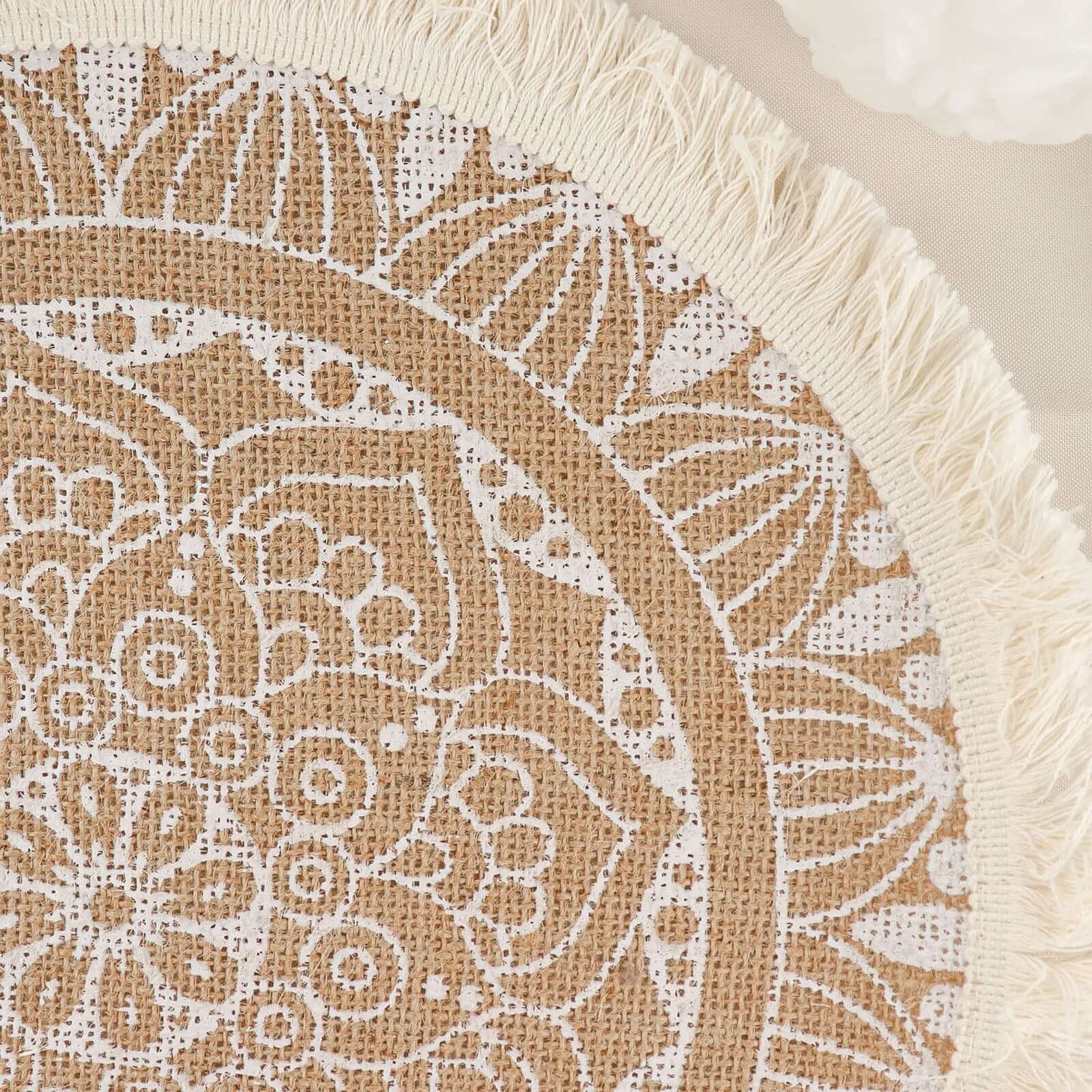 Hot Deal! 4-Pack Round Mandala Print Jute Placemats with Fringe and Tassel Design, Natural and White
