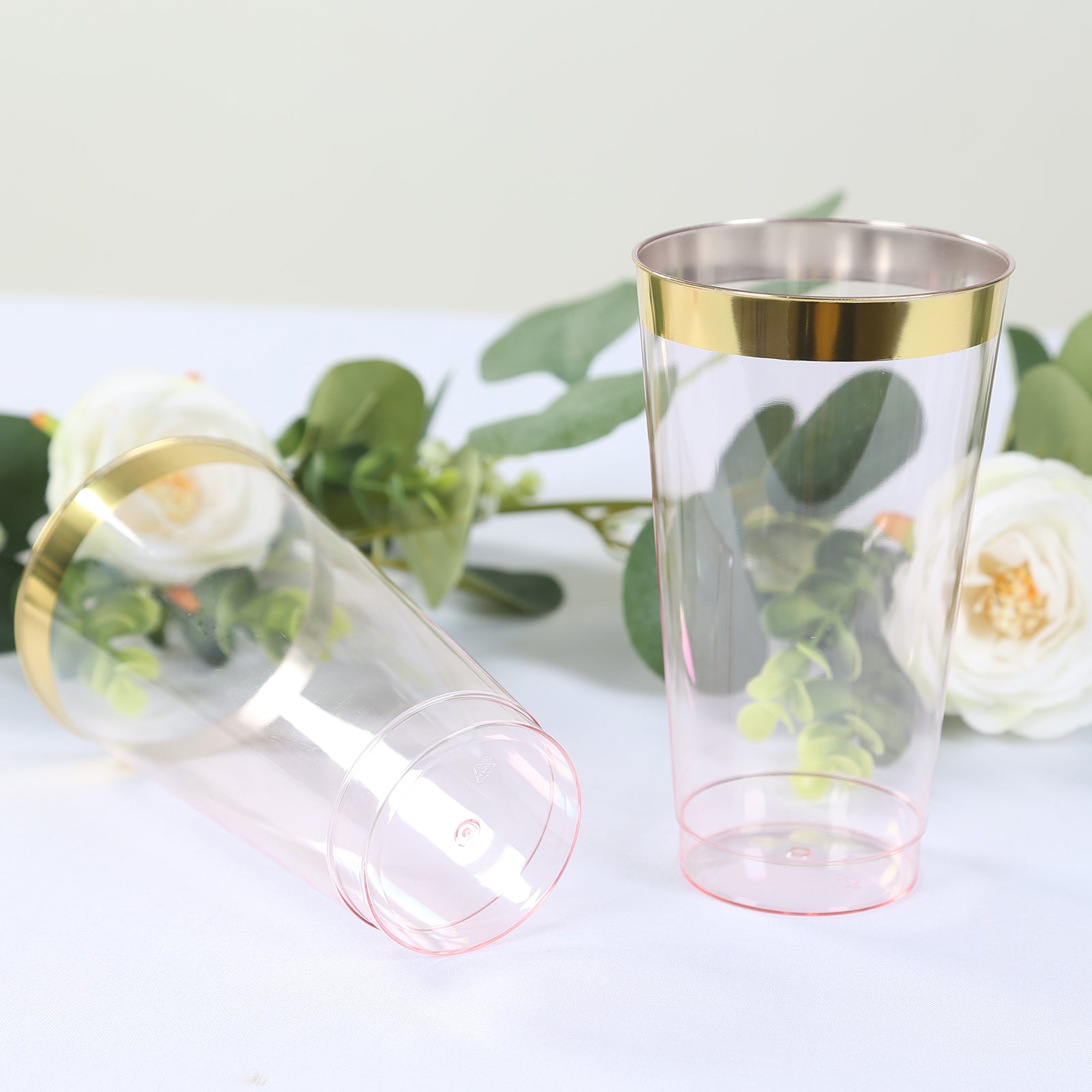 Hot Deal! 12-Pack 17oz Durable Disposable Plastic Party Cups with Transparent Blush and Gold Rim