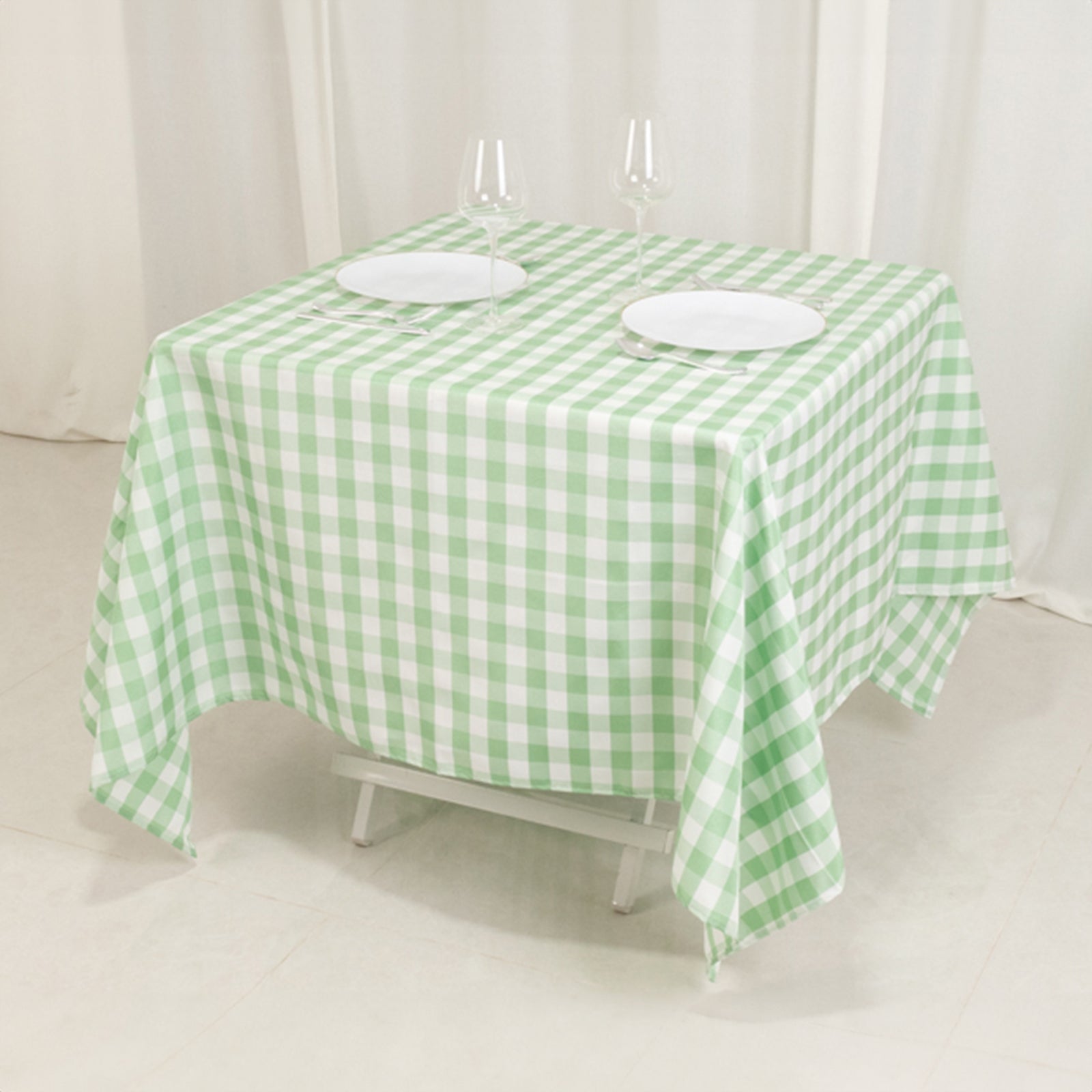 Premium Polyester Checkered Buffalo Plaid Table Cover in White/Sage Green, 70x70 Square