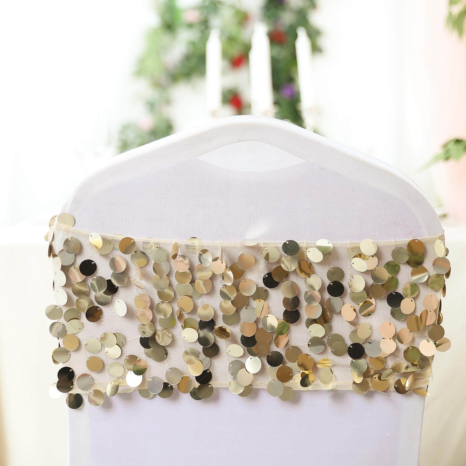 5-Pack Champagne Payette Sequin 13x10 Chair Sash Bands - Ideal for Weddings & Gatherings