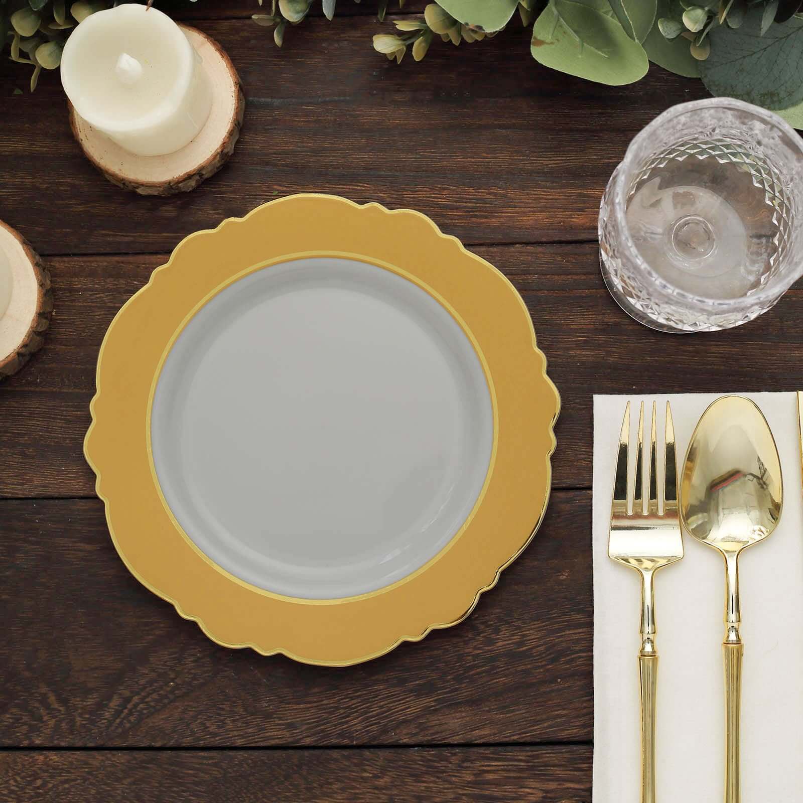 10-Pack Disposable White Plastic Dessert Plates with Gold Blossom & Edging for Elegant Table Decor