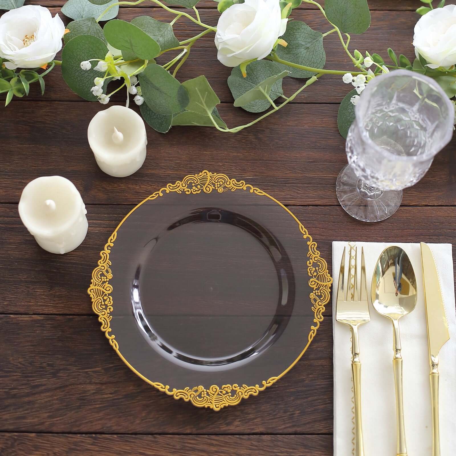 Hot Deal! 10-Pack Disposable 8-Inch Round Plastic Dessert Plates in Transparent Black with Gold Leaf Embossed Rim, Vintage Baroque Style