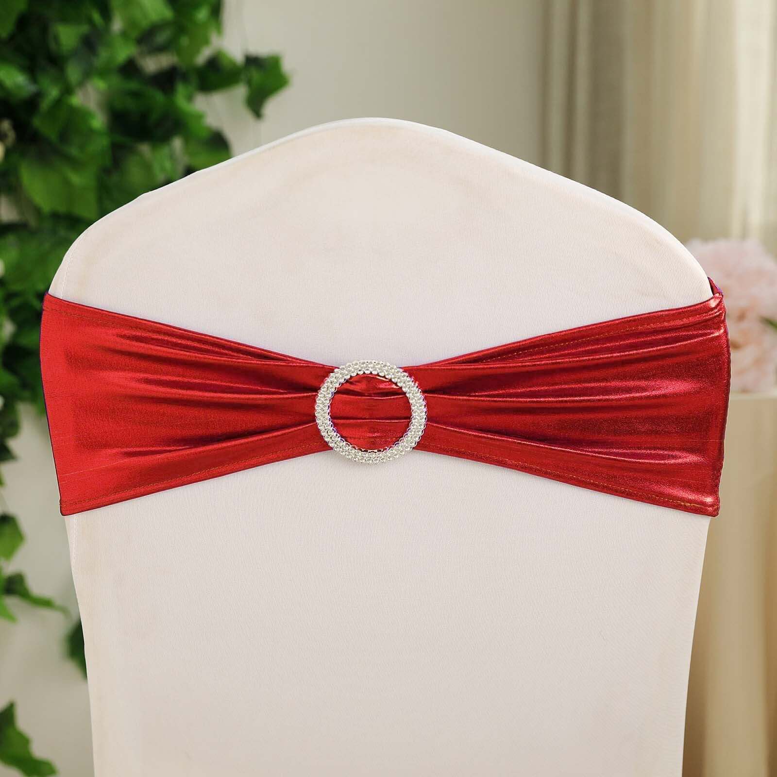 5-Pack Metallic Red Spandex Chair Sashes with Round Diamond Buckles - Stretch Fit for Parties