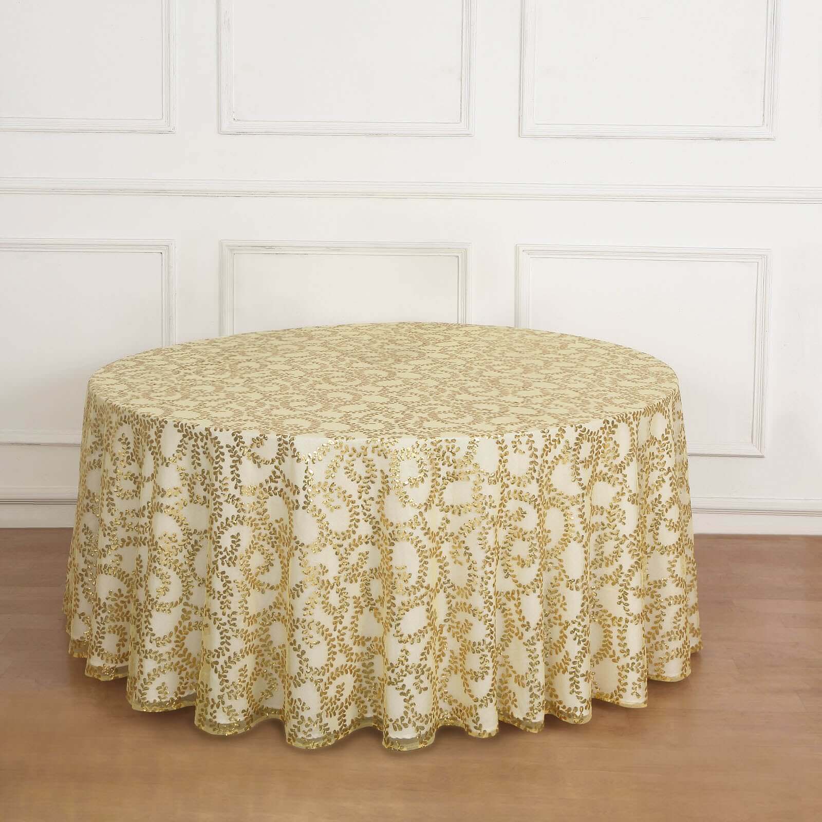 Gold Seamless Sequin Leaf Embroidered 120 Round Tulle Tablecloth for Elegant Events