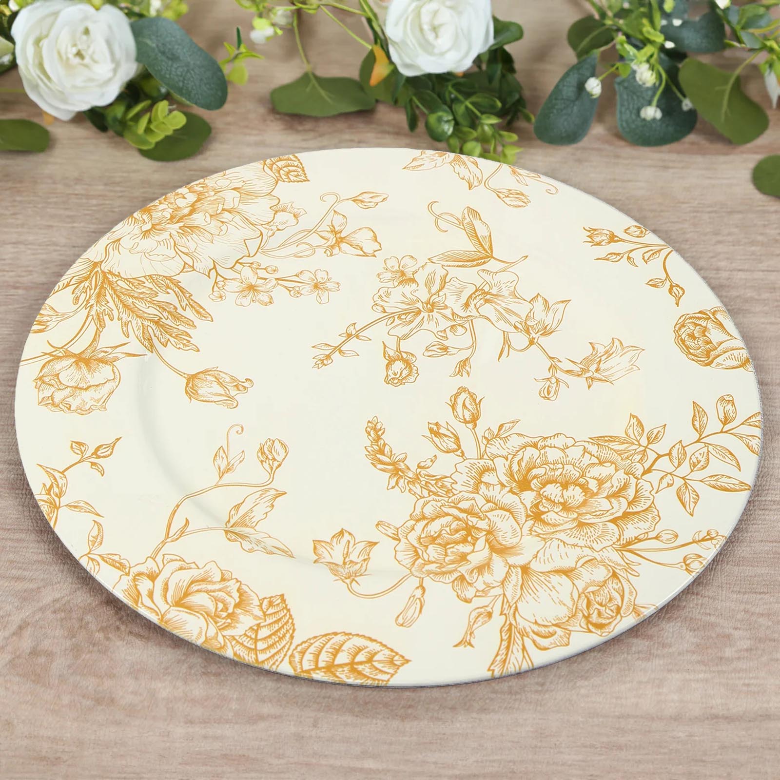 Hot Sale! 6-Pack 13-Inch White Acrylic Round Charger Plates with Gold Floral French Toile Pattern