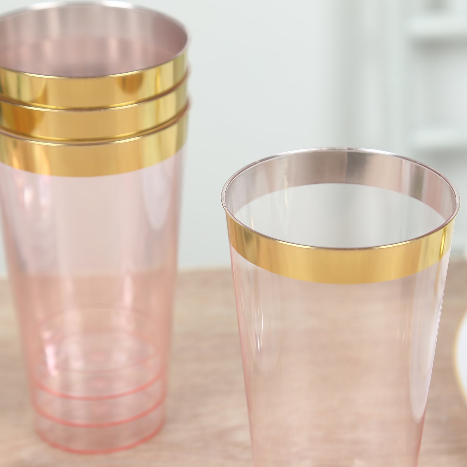 Hot Deal! 12-Pack 17oz Durable Disposable Plastic Party Cups with Transparent Blush and Gold Rim