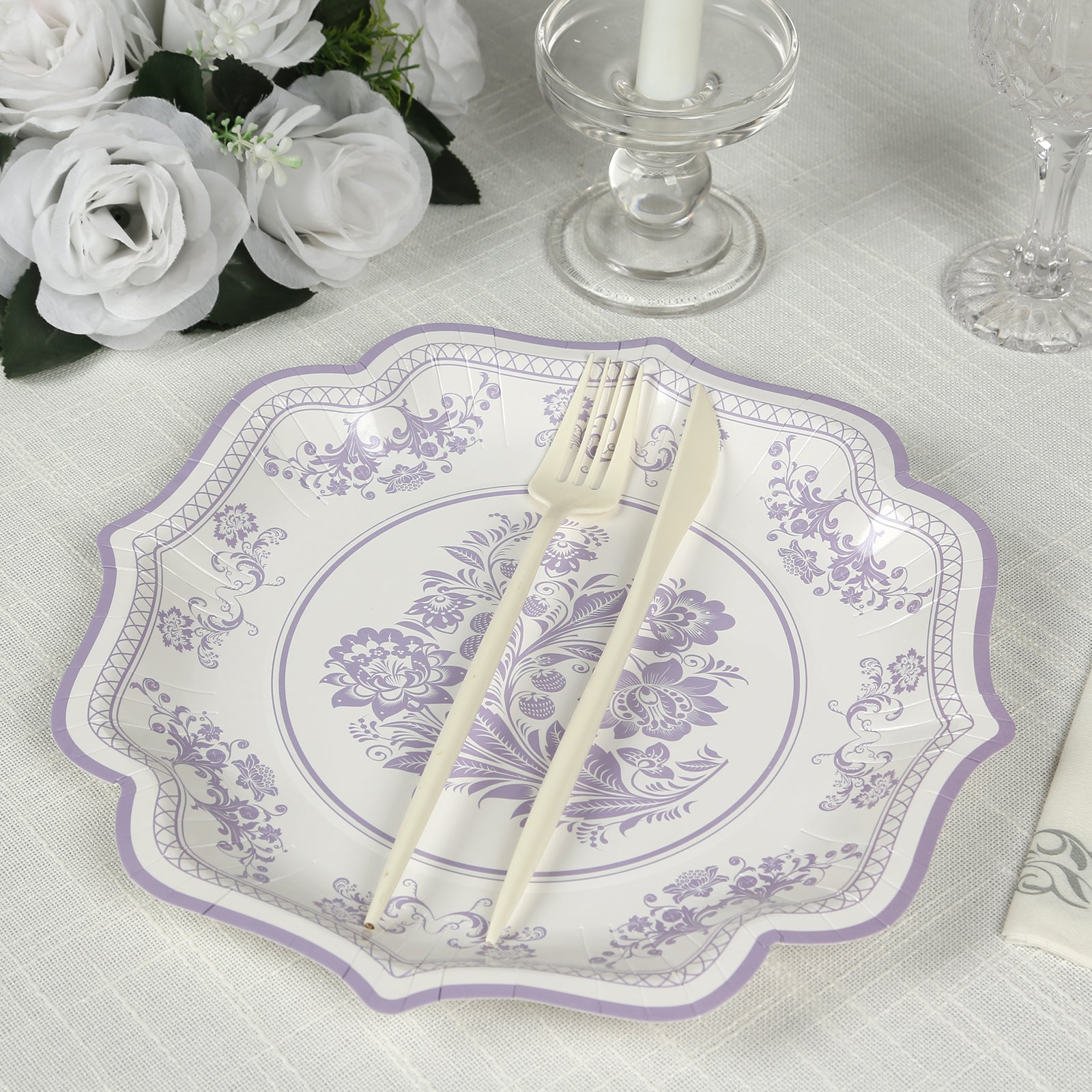 25-Piece Set of White and Lavender Lilac Damask Floral Disposable Paper Dinner Plates, 10-Inch