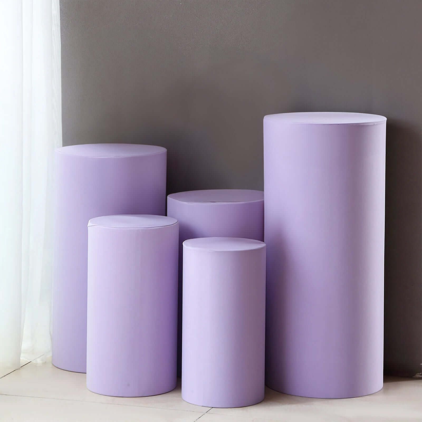 Hot Sale! Set of 5 Lavender Spandex Cylinder Pedestal Stand Covers for Various Decorations