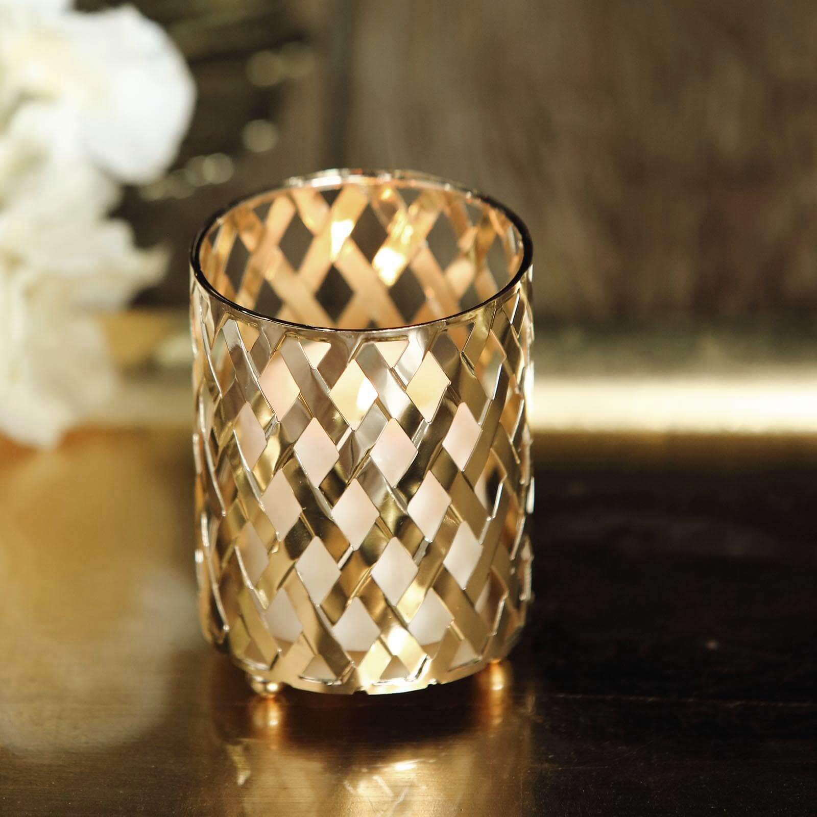 2-Piece Gold Metal Votive Candle Holders with Diamond Cut Geometric Design for Home and Events