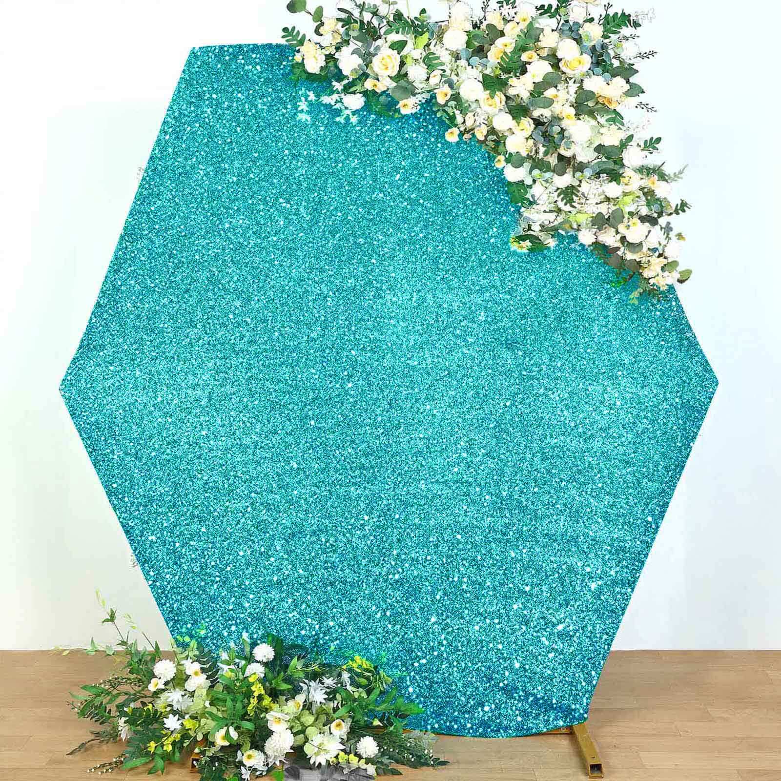 Exclusive 8ft x 7ft Turquoise Metallic Shimmer Tinsel Spandex 2-Sided Wedding Arbor Backdrop
