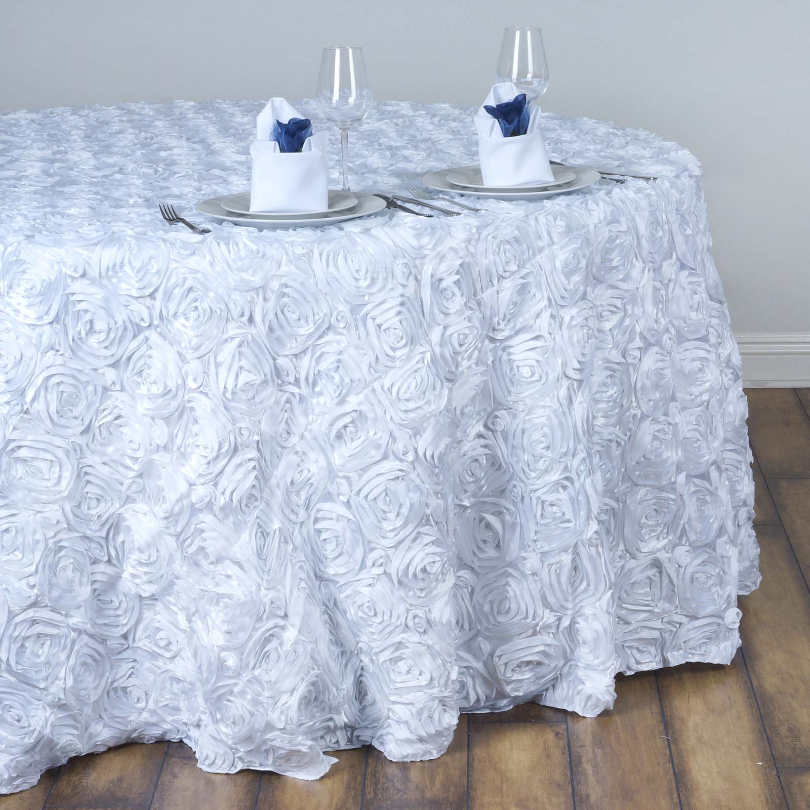 Hot Sale! White Satin 132-Inch Round Tablecloth with Stunning 3D Rosette Design for Elegant Events