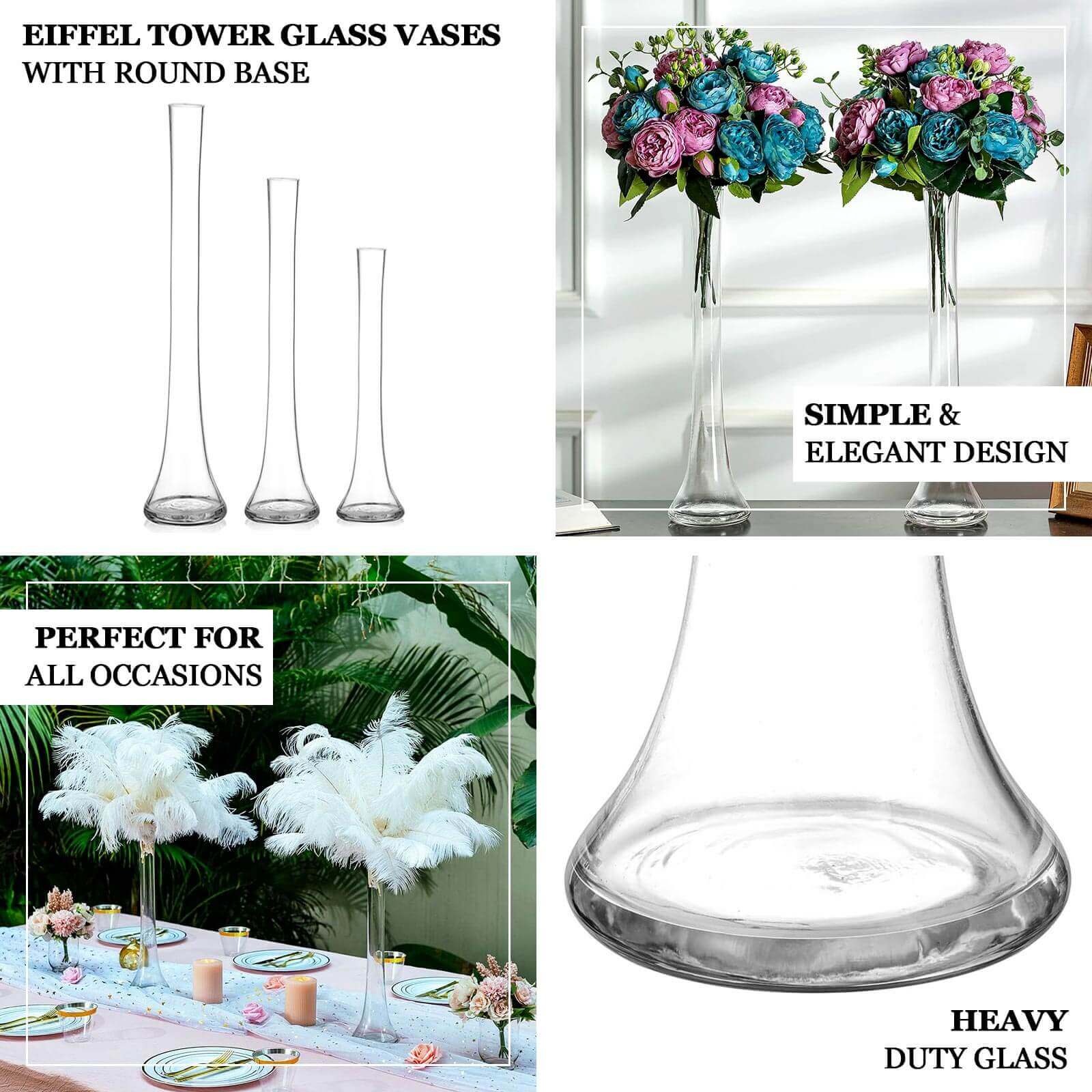 Set of 6 Clear Hand - Blown Glass Eiffel Tower Vases with Round Base, 16 Inches Tall for Weddings