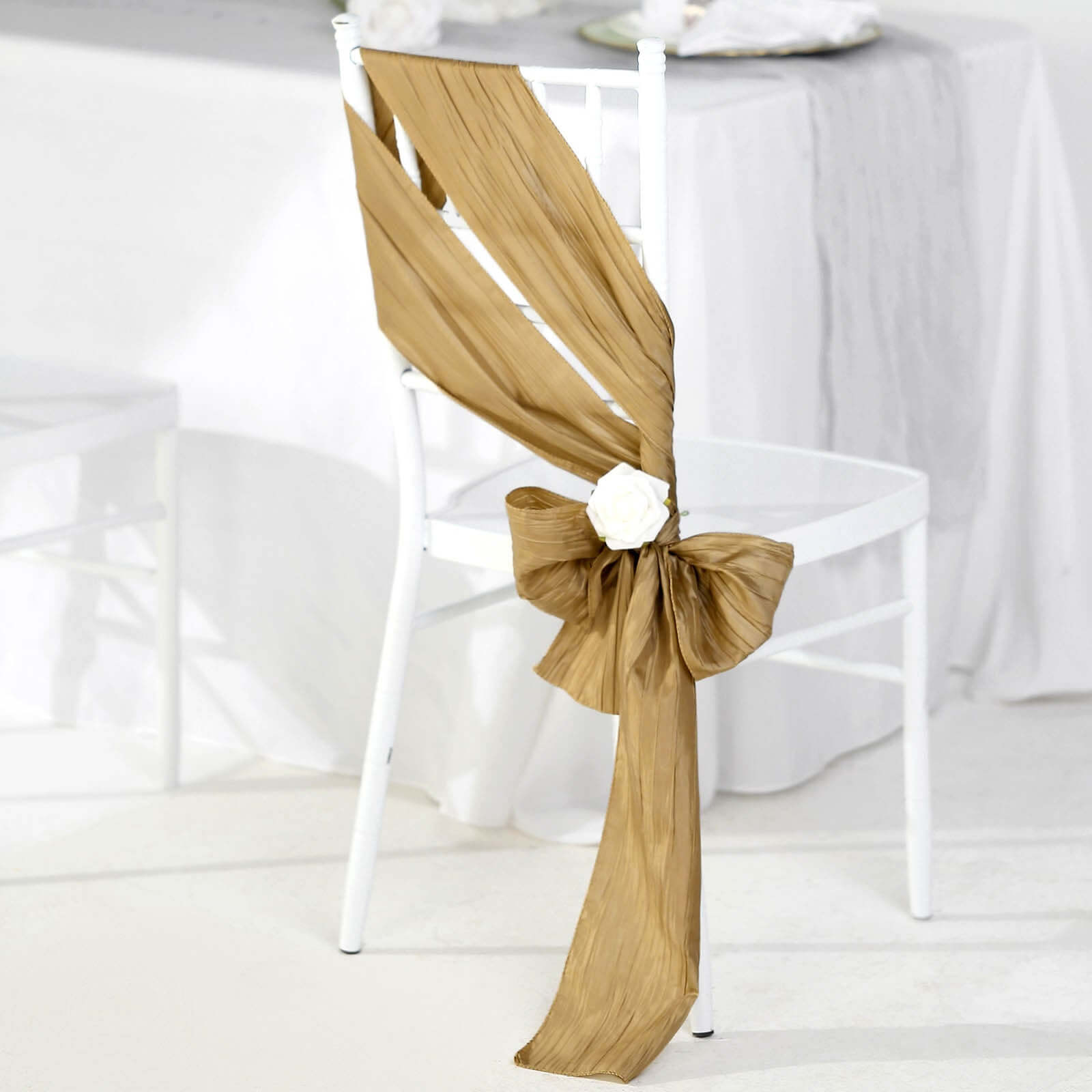 Gold Taffeta Chair Sashes - 5 Pack for Weddings & Events, Accordion Crinkle Style