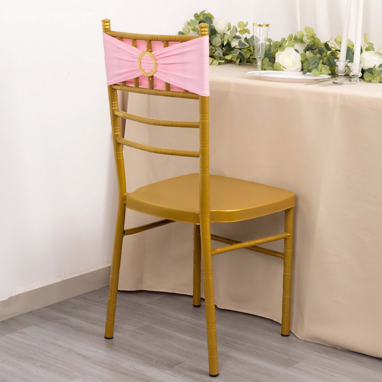 Hot Deal! 5-Pack Pink Spandex Chair Sashes with Gold Rhinestone Buckles, Reusable 4-Way Stretch