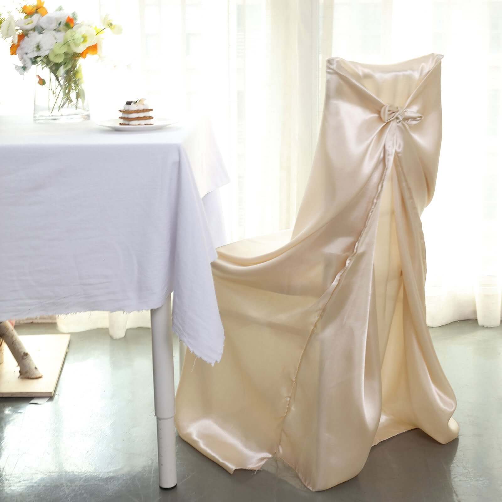 Durable Beige Satin Self-Tie Chair Covers - Universal Design for Folding, Dining & Banquet Chairs