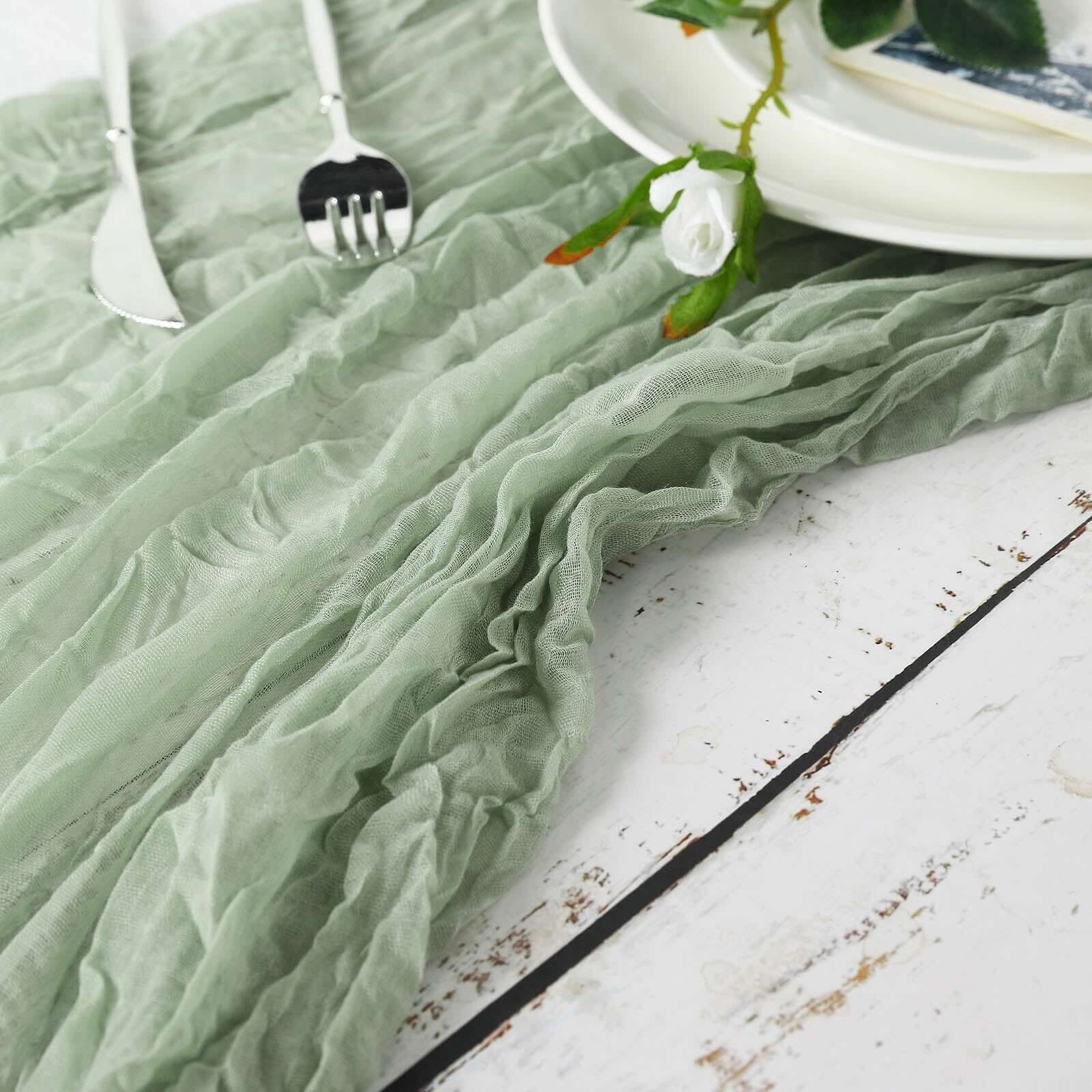 Hot Sale! Rustic Boho Style Sage Green Gauze Cheesecloth 10ft Table Runner for Weddings and Events