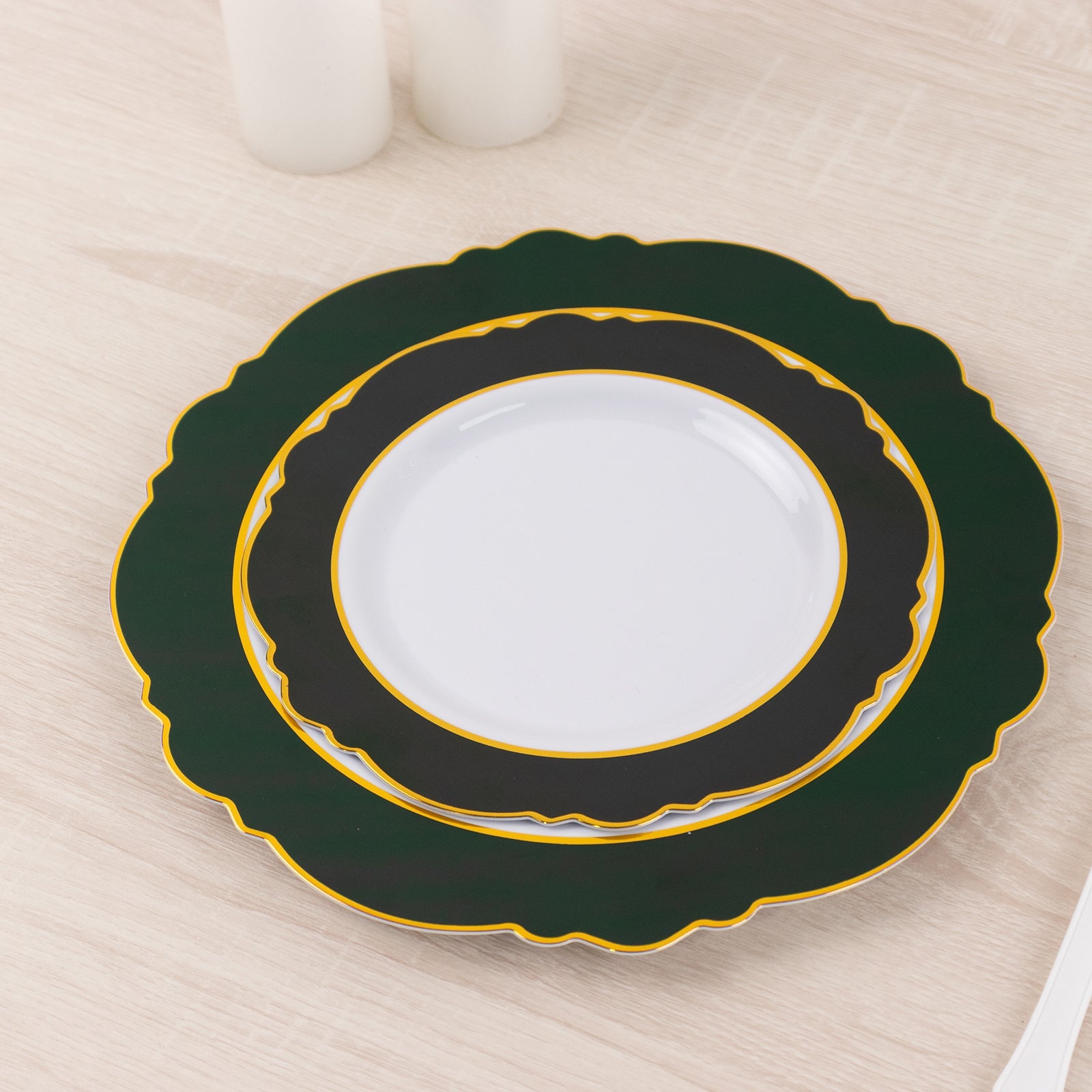 10-Pack Disposable White Plastic Dessert Plates with Hunter Green Blossom & Gold Edging - Ideal for Events