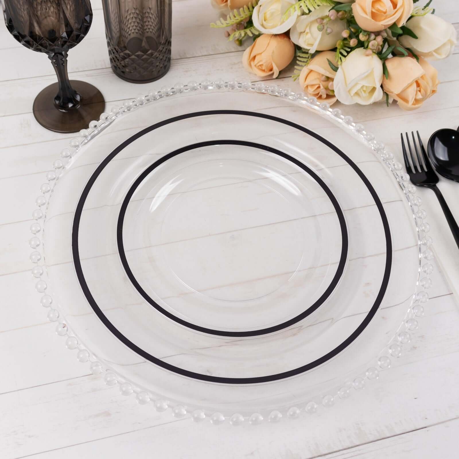 10-Pack Disposable Clear Plastic Salad Plates with Black Rim - Ideal for Banquets and Special Occasions