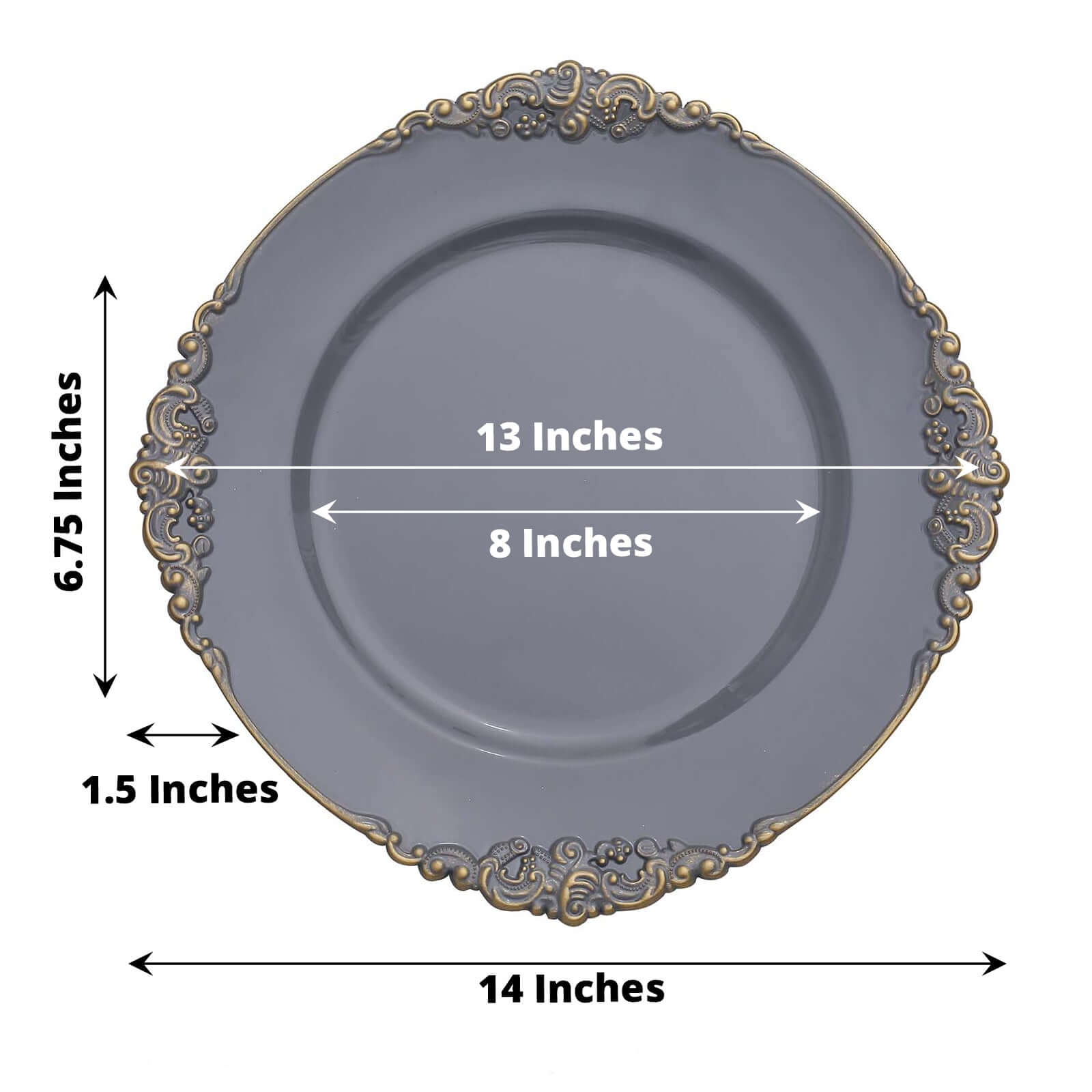 6-Pack 13-Inch Charcoal Gray Acrylic Round Charger Plates with Gold Embossed Baroque Rim - Ideal for Dinner Parties