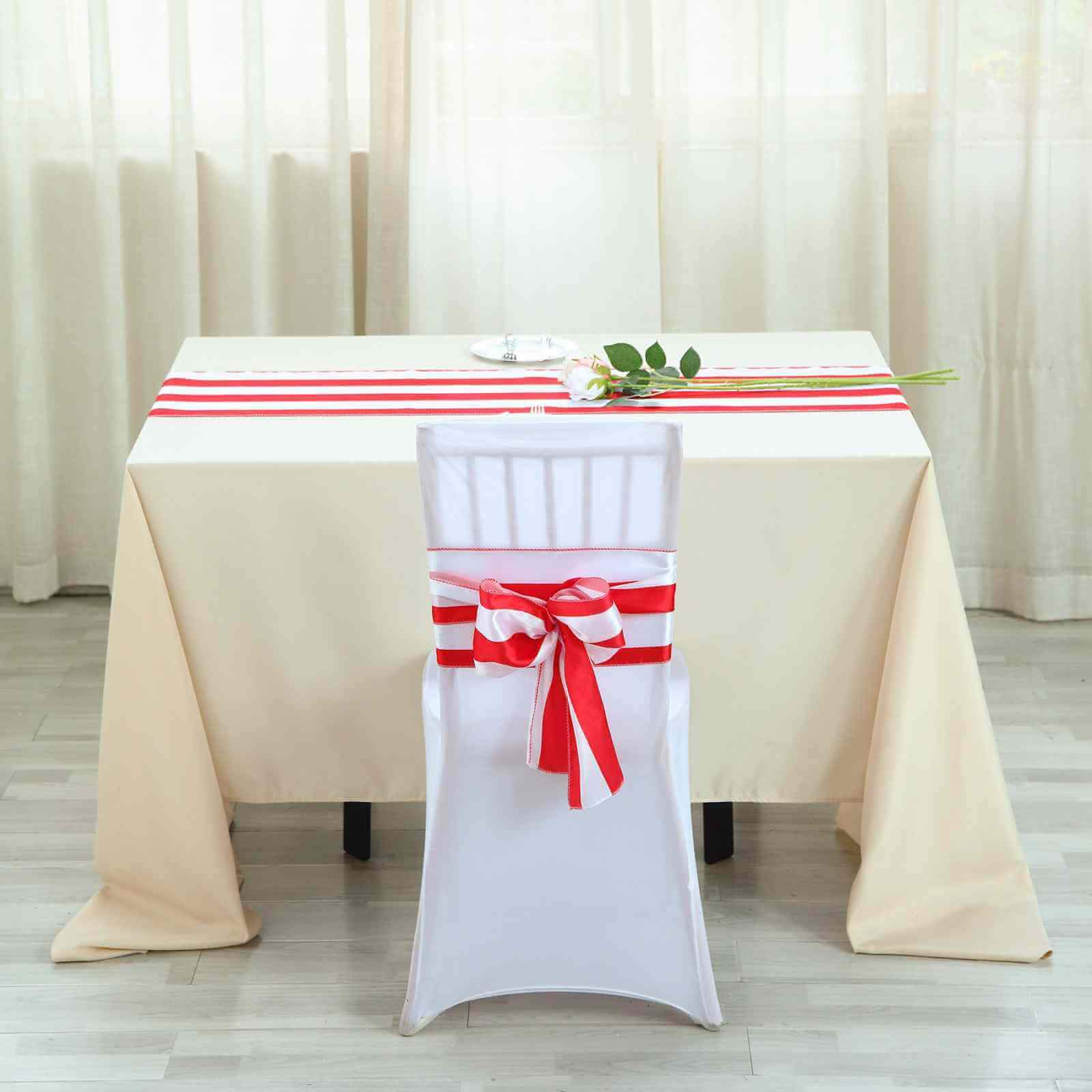 Hot Deal! 5-Piece Set of Satin Red/White Striped 6x108 Chair Sashes for Weddings and Gatherings