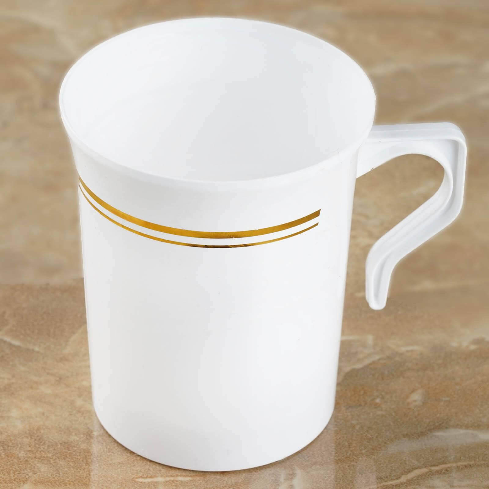 8-Piece Set of Disposable White Plastic Coffee Mugs with Gold Stripes - 8oz Sturdy Cups for Coffee & Tea
