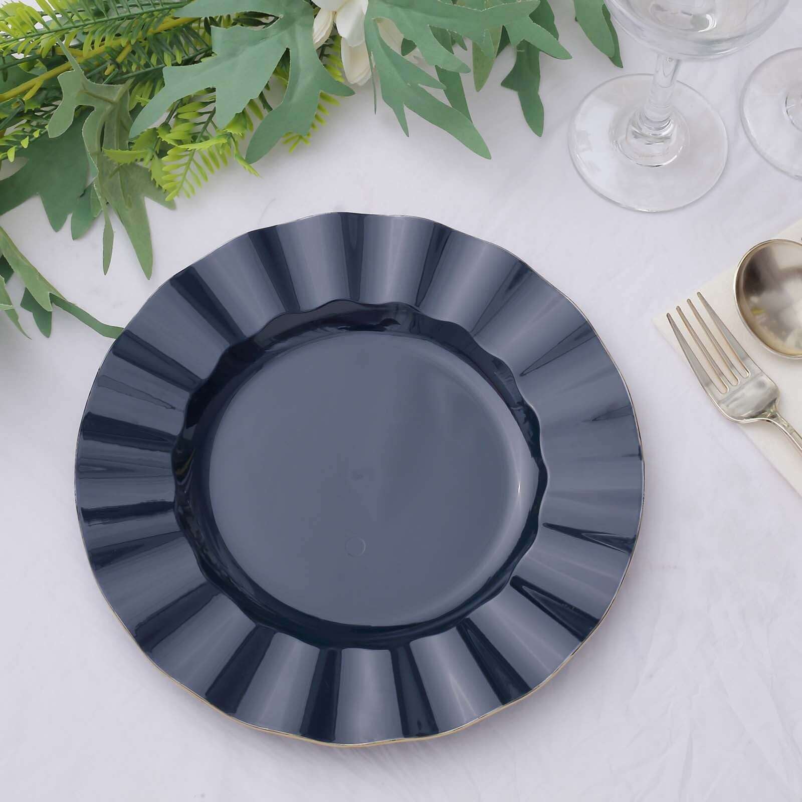 10-Piece Set of Navy Blue Plastic Round Dinner Plates with Gold Edged Ruffled Rim - Sturdy Disposable Dinnerware