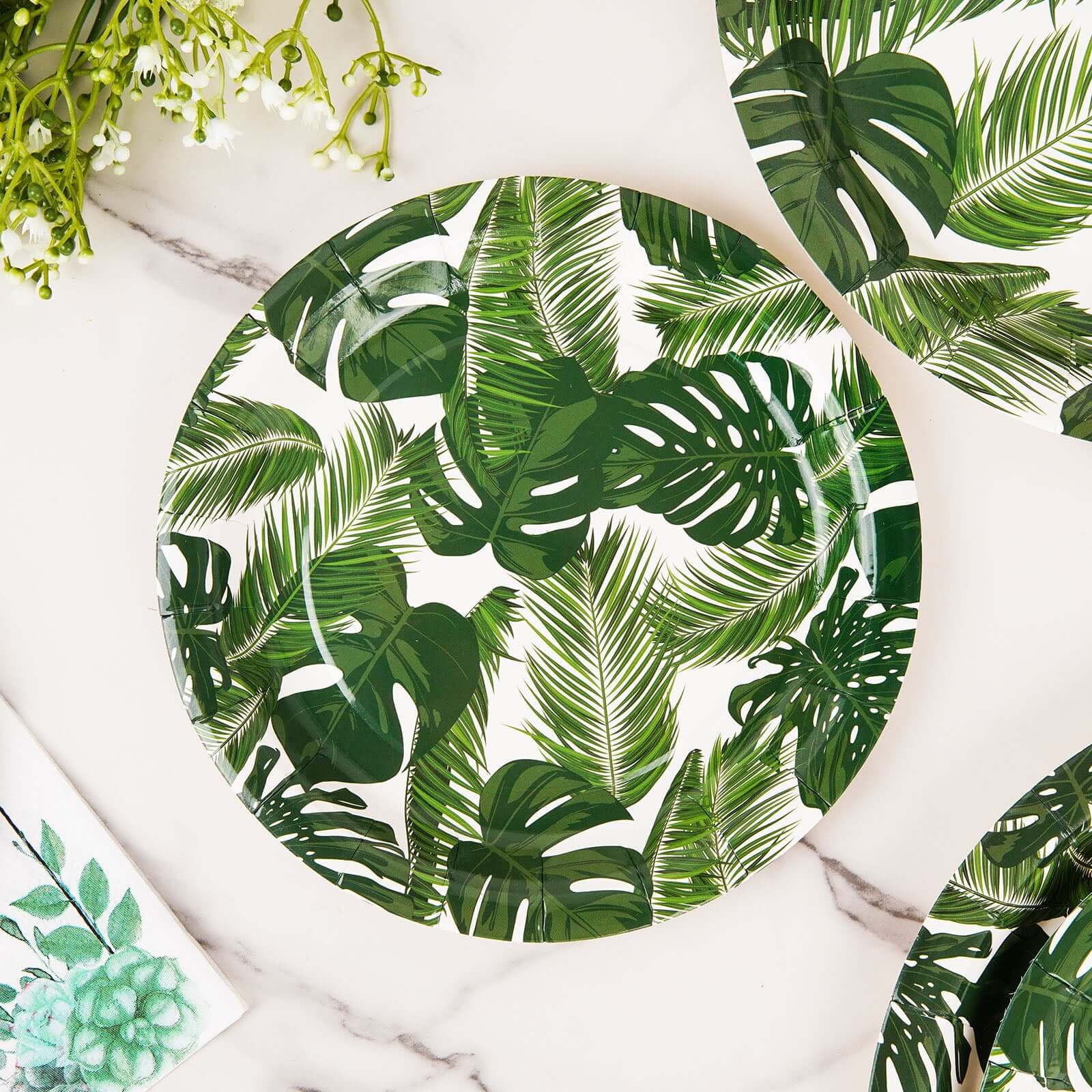 25-Pack Disposable 7-Inch White Paper Dessert Plates with Tropical Palm Leaf Design for Boho & Jungle Themed Parties