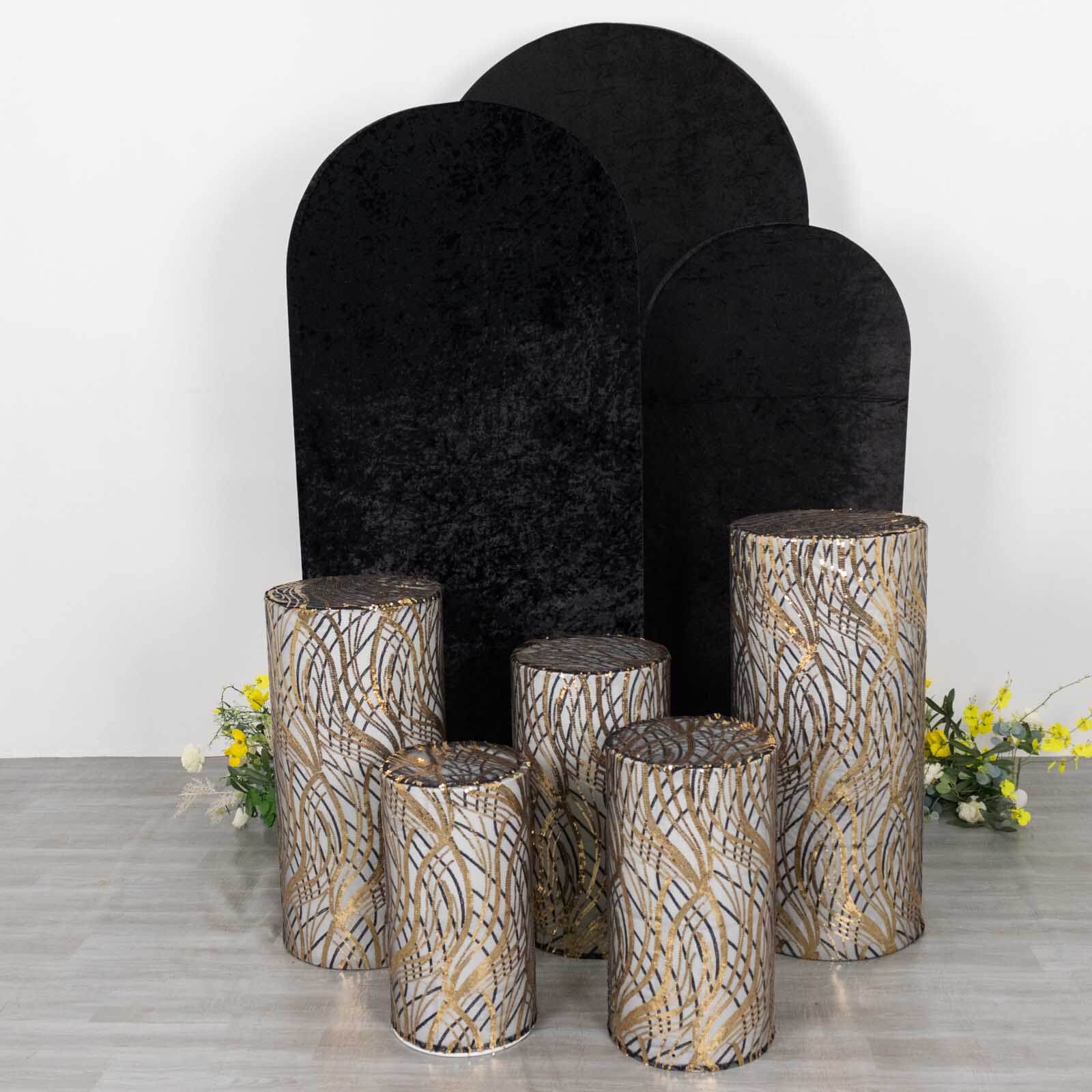 Hot! Set of 5 Embroidered Sequin Black Wave Mesh Cylinder Pedestal Stand Covers