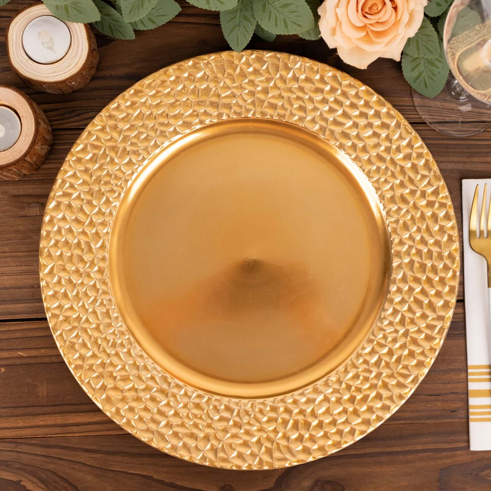 6-Piece Set of 13-Inch Metallic Gold Acrylic Round Charger Plates with Hammered Edge for Dinner Parties