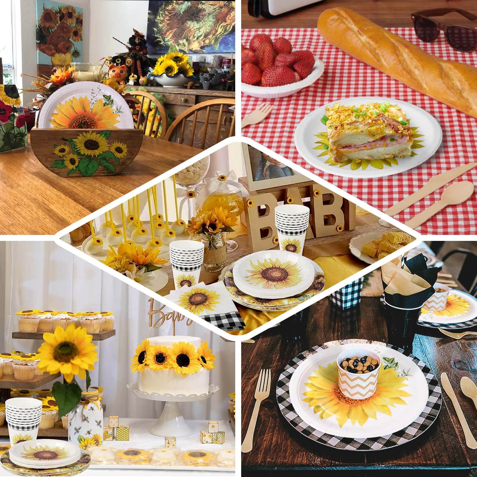 25-Pack Disposable 7-Inch Round White Paper Dessert Plates with Sunflower Design - Ideal for Rustic & Garden Events