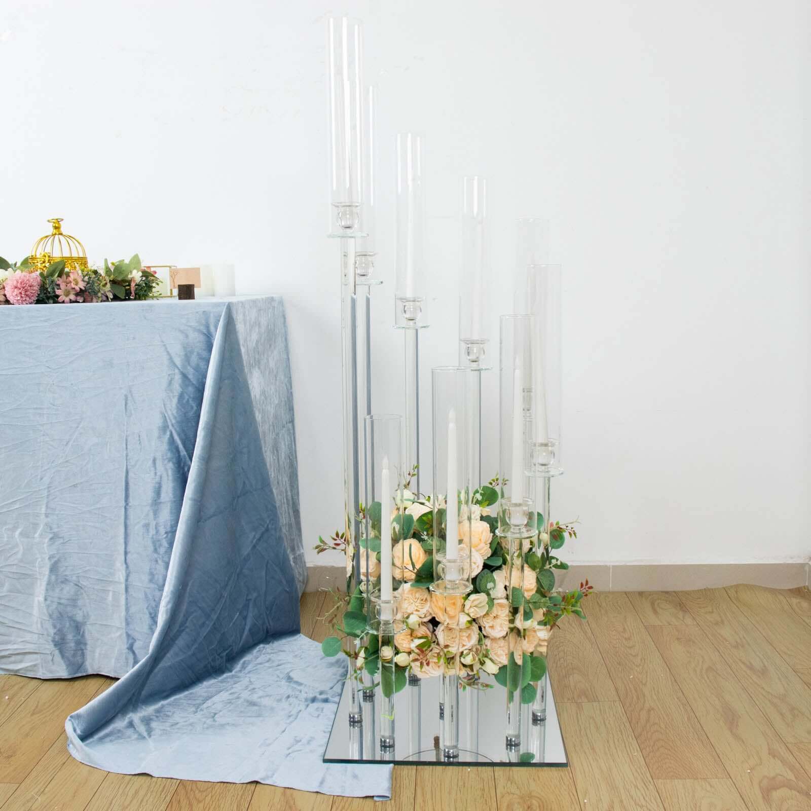 4ft Crystal Glass 9-Pillar Candelabra with Center Flower Stand - Ideal Table Centerpiece
