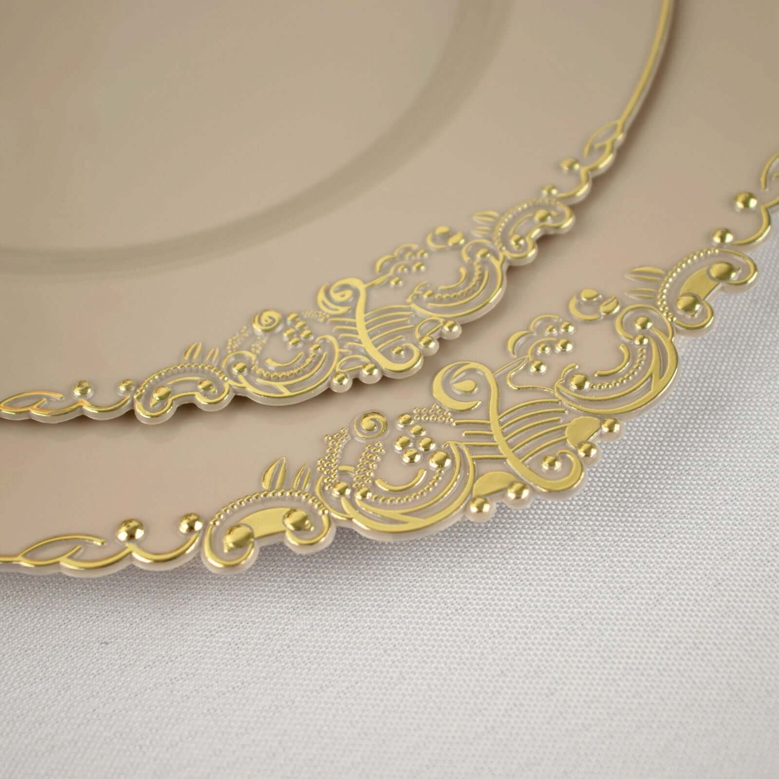 10-Pack Disposable Taupe Plastic Round Dessert Plates with Gold Leaf Embossed Rim - Vintage Baroque Style