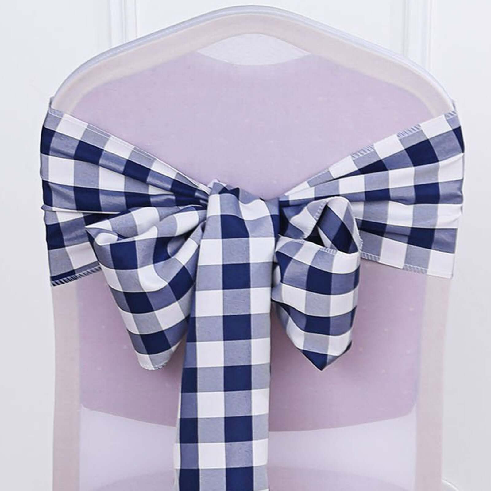 Get 5-Pack Durable & Reusable Navy Blue/White Buffalo Plaid Polyester Chair Sashes