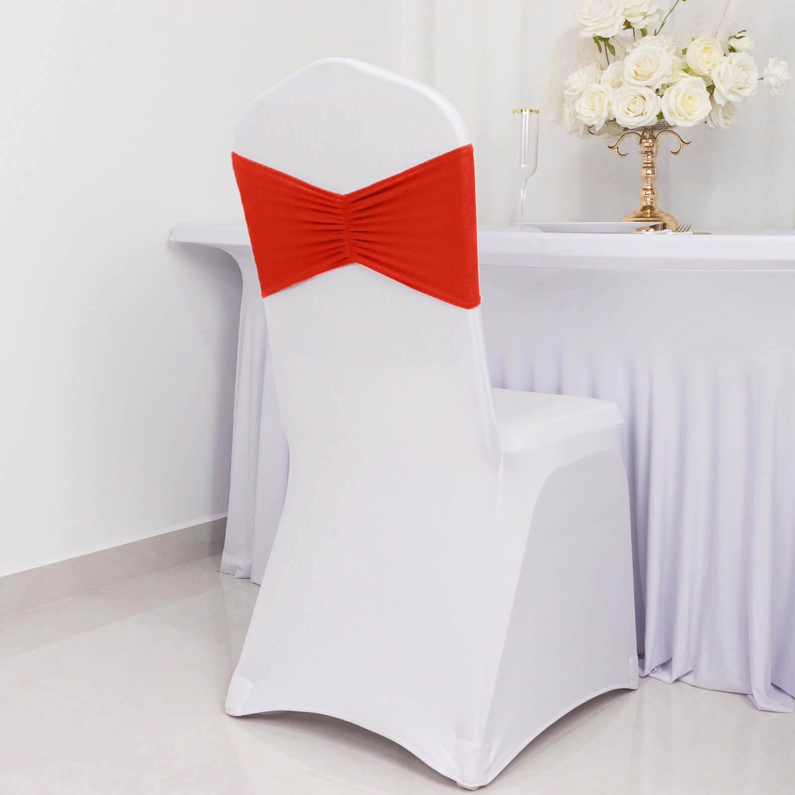 5-Pack Red Ruffled Spandex Chair Sashes - Wide & Easy Stretch Bands
