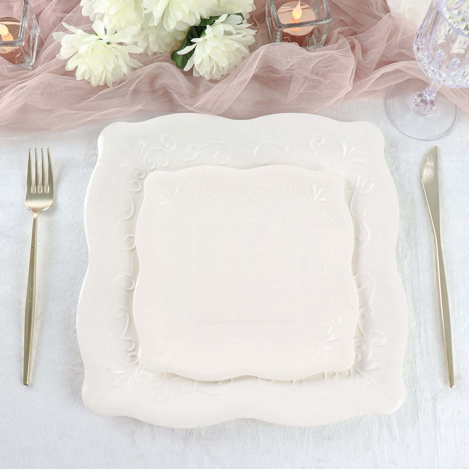 25-Pack Disposable White Square Dinner Plates with Vintage Pottery Embossed Design - Great Value!