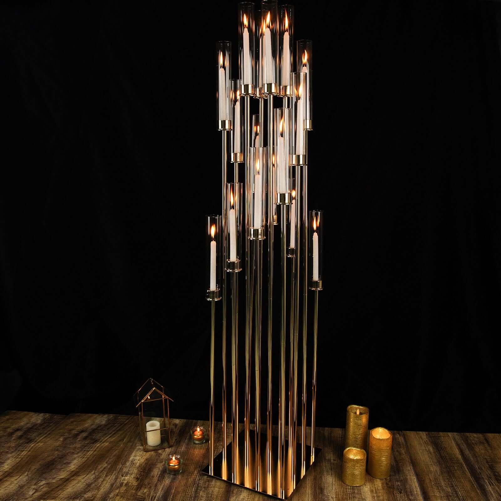 Gold 16-Arm Cluster Taper Candle Holder with Clear Glass Shades - Ideal Large Candle Display for Venues