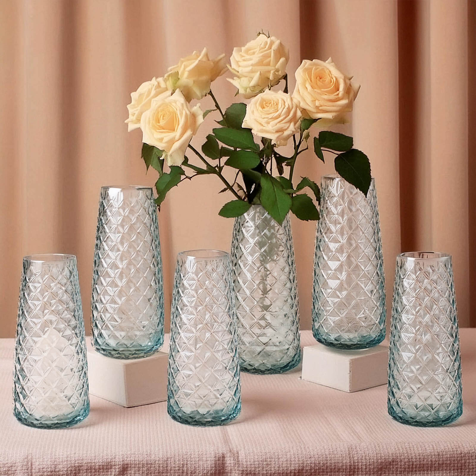6-Pack Clear Glass Urn Vases with Diamond Cut Pattern - Ideal for Event Decor, 8.5 Inches