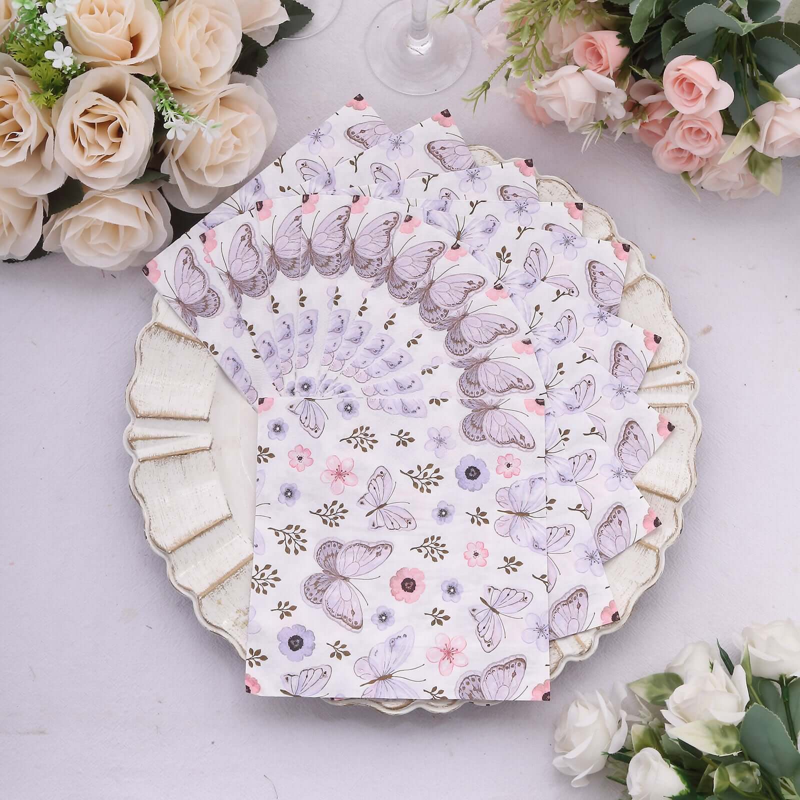 20-Pack 2-Ply Soft 18GSM Ivory Paper Beverage Napkins with Lavender Butterfly Floral Design for Garden Weddings