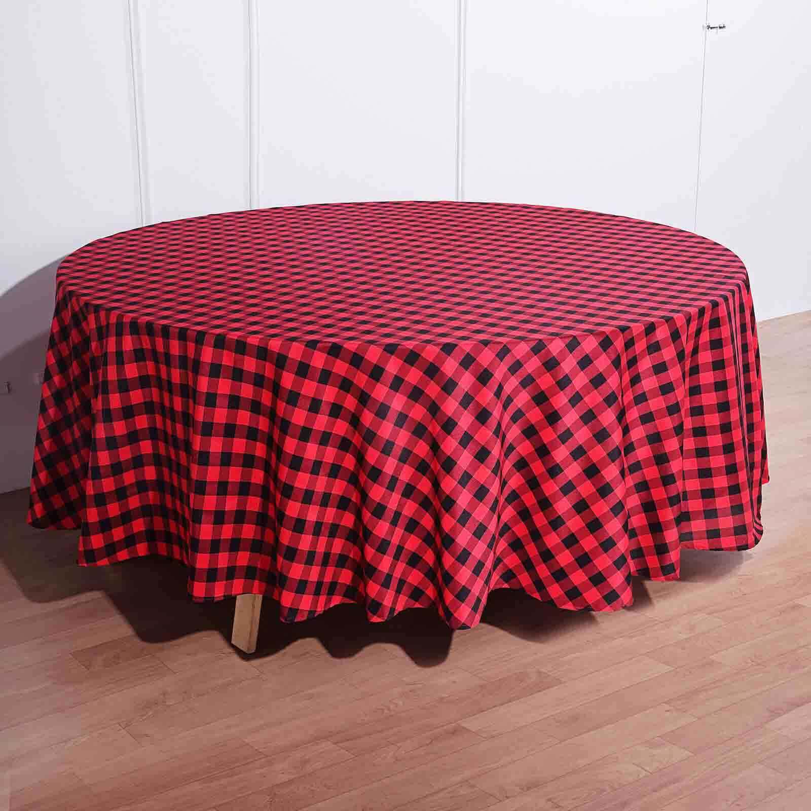 108-Inch Black and Red Buffalo Plaid Polyester Round Tablecloth - Perfect for Events