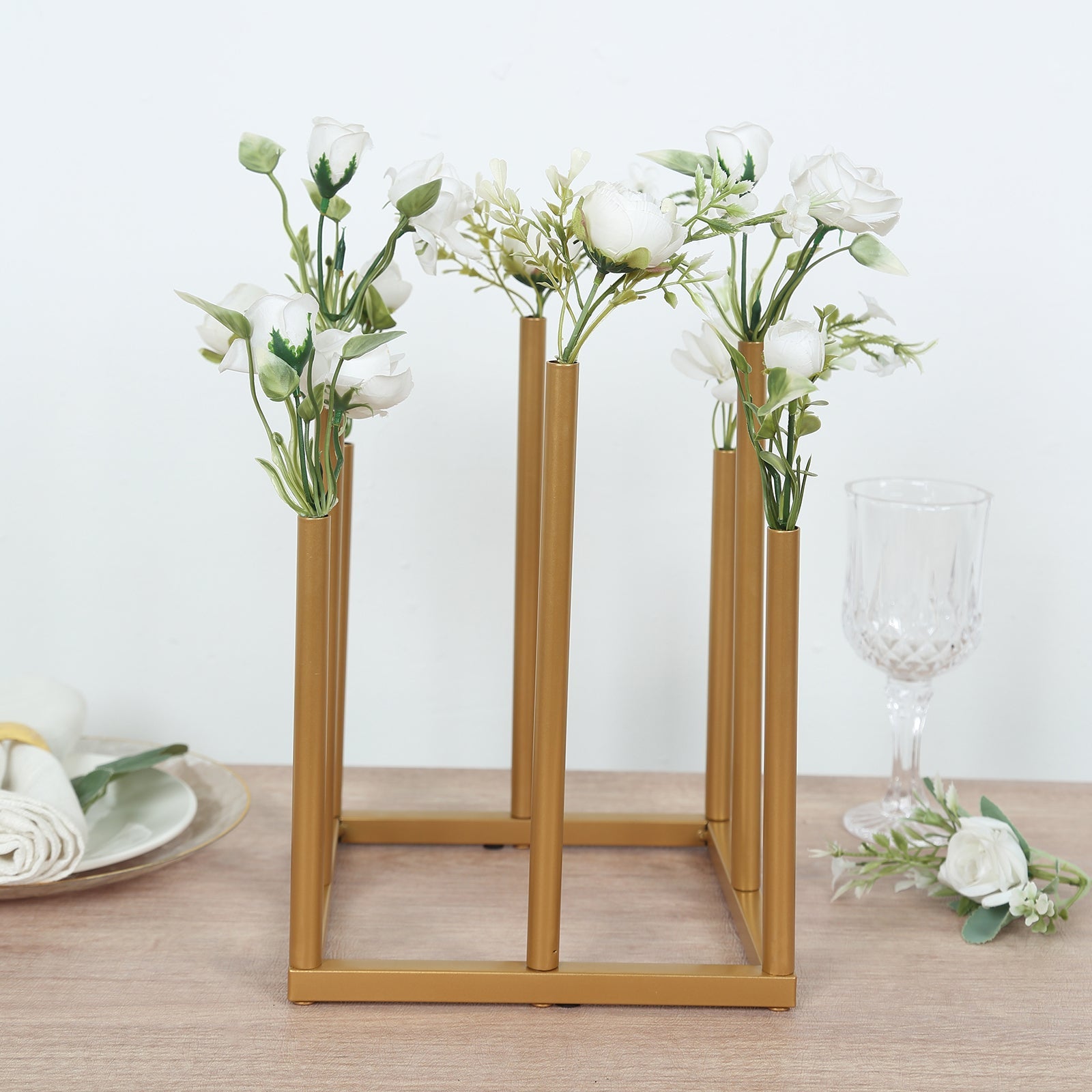 Single Stem Gold Metal Minimalist 8-Tube Flower Vase with Square Base, 10-Inch Tall