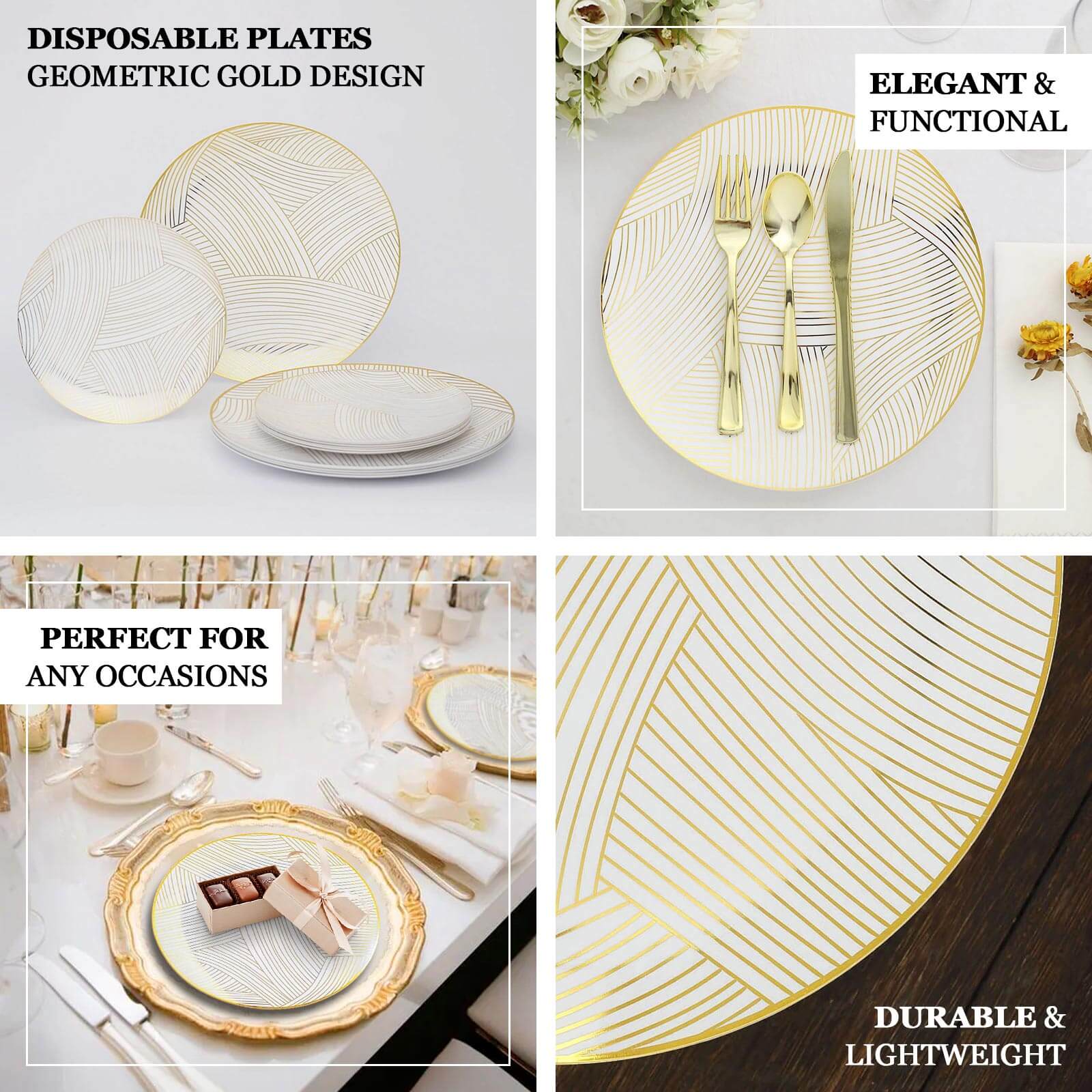 10-Pack Disposable White Plastic Round Dessert Plates with Gold Wave Pattern