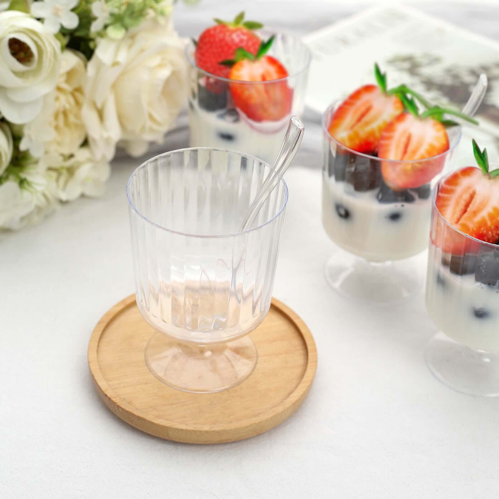 24-Pack Disposable 5oz Clear Plastic Dessert Cups with Ribbed Design and Pedestals, Spoon Set for Events