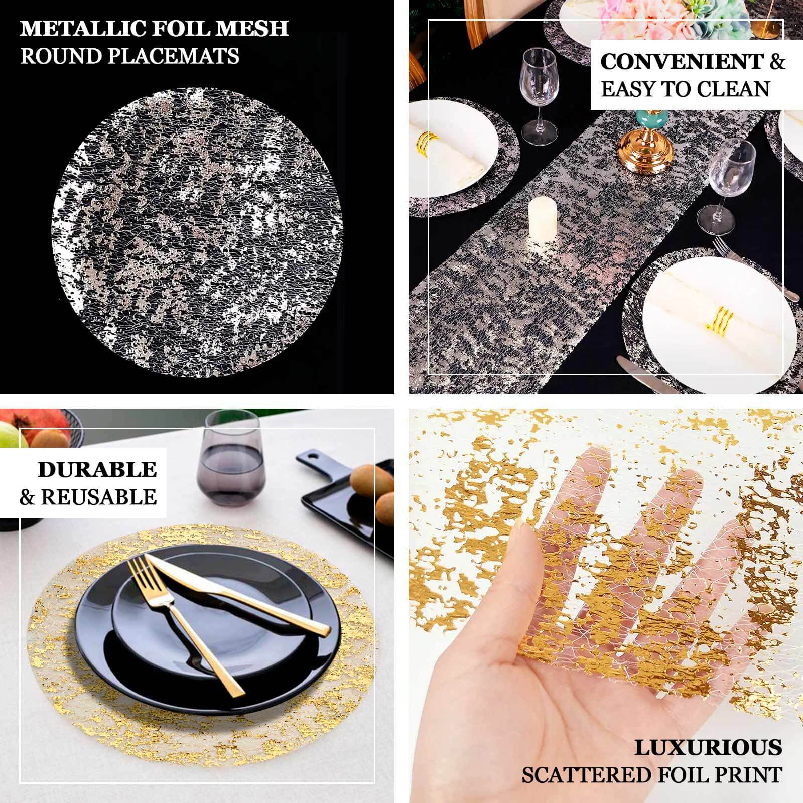 10-Piece Metallic Gold Round Foil Design Disposable Shiny Table Placemats 13 Inches