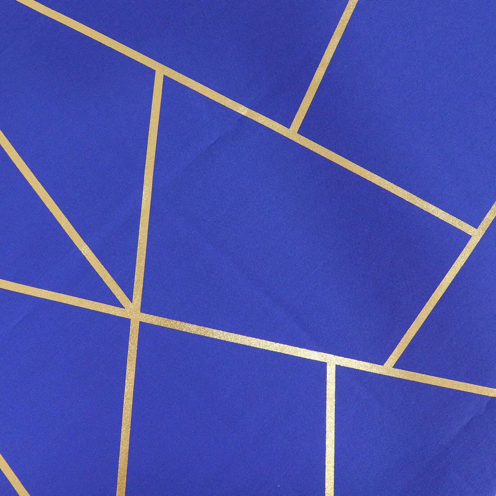 Wrinkle-Resistant Seamless Royal Blue Polyester Round Tablecloth with Gold Foil Geometric Design, 120' Dia.