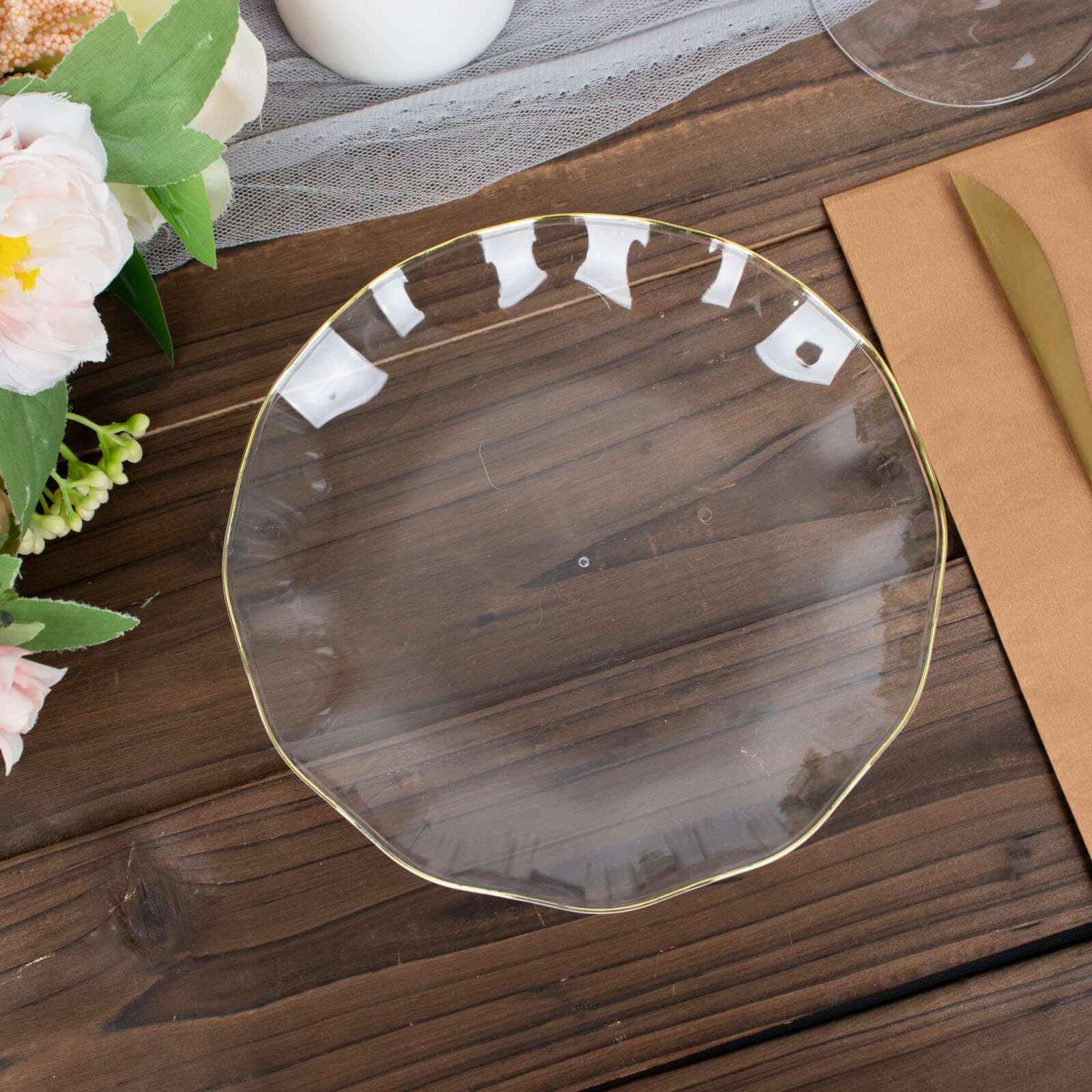 Hot Deal! 10-Pack Disposable Plastic Round 6-Inch Dessert Plates with Clear Ruffled Rim and Gold Edging